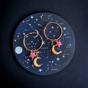 Pink and Gold Handmade Celestial Earrings - Hypoallergenic Moon and Star Hoops